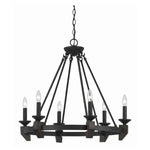 Benzara 6 Bulb Metal Frame Wagon Wheel Candle Chandelier with Wooden Accents, Black