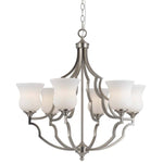 Benzara BM223080 6 Bulb Uplight Chandelier with Metal Frame & Glass Shades,Silver & White