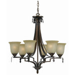 Benzara 6 Bulb Uplight Chandelier with Metal Frame and Glass Shade,Bronze and Beige