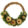 Benzara Wooden Shaving Wreath with Flower and Petal Details, Brown and Yellow