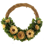 Benzara Wooden Shaving Wreath with Flower and Petal Details, Brown and Yellow