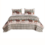 Benzara Fabric Queen Size Quilt Setwith Animal and Plaid Print, Green and Brown