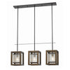 Benzara 3 Bulb Pendant with Wooden Frame and Organza Striped Shade, Brown