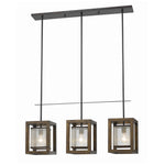 Benzara 3 Bulb Pendant with Wooden Frame and Organza Striped Shade, Brown
