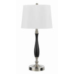 Benzara Fabric Table Lamp with Metal Base and 2 Power Outlets, Black and White