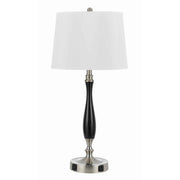 Benzara Fabric Table Lamp with Metal Base and 2 Power Outlets, Black and White