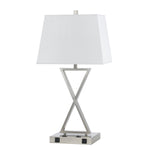Benzara 60 X 2 Watt Metal Night Stand Lamp with 2 Power Outlets, White and Silver