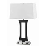 Benzara Square Shade Table Lamp with Metal Base and 2 Power Outlets,White and Black