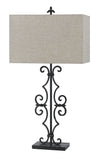 Benzara Rectangular Shade Table Lamp with ScrolLed Metal Base, Gray and Black