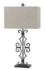 Benzara Rectangular Shade Table Lamp with ScrolLed Metal Base, Gray and Black