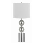 Benzara Metal Stacked Ball Design Base Table Lamp with Circular Drum Shade, Silver