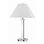 Benzara Trapezoid Shade Table Lamp with Metal Base and 2 USB Ports,White and Chrome