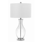 Benzara Fabric Shade Table Lamp with Glass and Metal Base, White and Clear