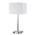 Benzara 60 X 2 Watt Metal Night Stand Lamp with Power Outlets, White and Silver