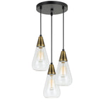 Benzara 3 Conical Shaped Glass Pendant Lighting with Canopy and Brass Accent, Clear