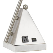 Benzara Marble Base 60W Metal Desk Lamp with 1 Electrical and 1 USB Outlet, Silver