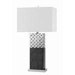 Benzara 3 Way Rectangular Shade Table Lamp with Cut Out Metal Base,White and Chrome