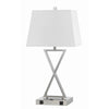 Benzara Fabric Table Lamp with X Shaped Base and 2 Power Outlets, White and Chrome
