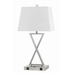 Benzara Fabric Table Lamp with X Shaped Base and 2 Power Outlets, White and Chrome