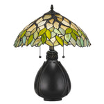 Benzara 2 Bulb Tiffany Table Lamp with Leaf Design Glass Shade, Multicolor