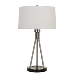 Benzara 3 Way Table Lamp with Sleek Metal Body and Fabric Shade, Silver and White