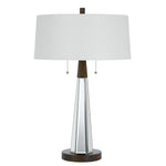 Benzara Fabric Shade Table Lamp with Faceted Mirror and Wooden Base, White