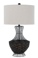 Benzara Round Shade Table Lamp with Bellied Wicker and Metal Base, White and Black