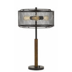 Benzara Mesh Metal Round Shade Table Lamp with Wooden Stand, Black and Brown