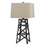 Benzara Metal Body Table Lamp with Tower Design and Fabric Shade, Gray and Beige