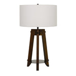 Benzara Drum Shade Table Lamp with Wooden Tripod Base, White and Brown