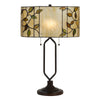 Benzara 2 Bulb Tiffany Table Lamp with Round Leaf Design Glass Shade, Multicolor