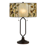 Benzara 2 Bulb Tiffany Table Lamp with Round Leaf Design Glass Shade, Multicolor