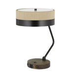 Benzara Metal Lined Fabric Shade Desk Lamp with Wooden Base, Beige and Black