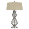 Benzara Geometric Body Metal Table Lamp with Fabric Drum Shade, Silver and Beige