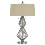 Benzara Geometric Body Metal Table Lamp with Fabric Drum Shade, Silver and Beige
