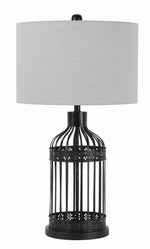 Benzara Fabric Drum Shade Table Lamp with Bird Cage Design Base, Black and White