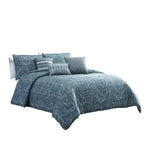 Benzara 7 Piece King Size Cotton Comforter Set with Geometric Print, Blue