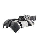 Benzara 7 Piece Queen Cotton Comforter Set with Geometric Print, Gray and Black