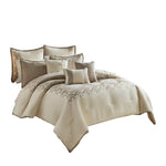 Benzara 10 Piece King Polyester Comforter Set with Damask Print, Cream and Gold