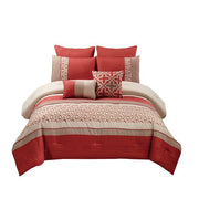 Benzara 8 Piece Queen Polyester Comforter Set with Geometric Embroidery, Orange