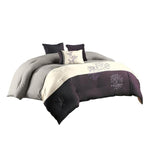 Benzara 7 Piece King Polyester Comforter Set with Leaf Embroidery, Gray and Purple