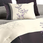 Benzara 7 Piece Queen Polyester Comforter Set with Leaf Embroidery, Gray and Purple