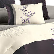 Benzara 7 Piece Queen Polyester Comforter Set with Leaf Embroidery, Gray and Purple