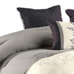 Benzara 7 Piece Queen Polyester Comforter Set with Leaf Embroidery, Gray and Purple