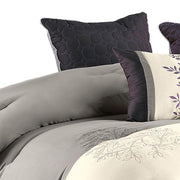 Benzara 7 Piece Queen Polyester Comforter Set with Leaf Embroidery, Gray and Purple