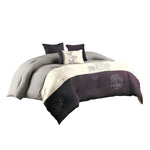 Benzara 7 Piece Queen Polyester Comforter Set with Leaf Embroidery, Gray and Purple