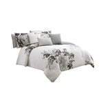 Benzara 7 Piece Cotton King Comforter Set with Floral Print, Gray and White