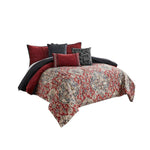 Benzara 9 Piece Queen Size Comforter Set with Medallion Print, Red and Blue
