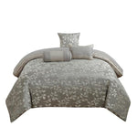Benzara King Size 7 Piece Fabric Comforter Set with Leaf Prints, Gray