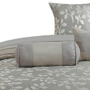 Benzara Queen Size 7 Piece Fabric Comforter Set with Leaf Prints, Gray